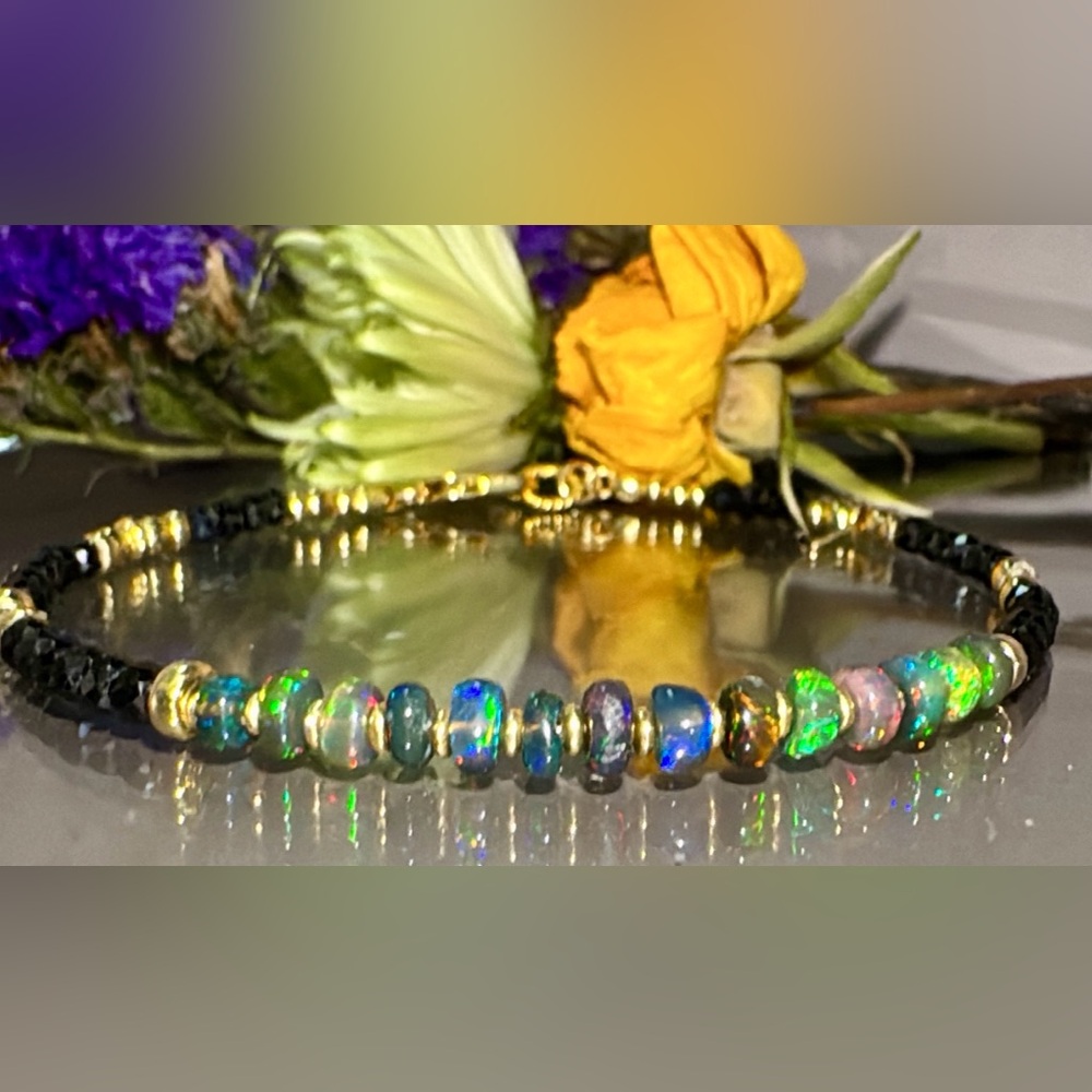 Black Welo Opal •Black Faceted Spinel• 14kt Gold Vermeil Gemstone Bracelet - Picture 4 of 7